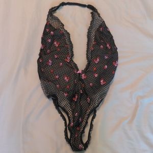 NWOT Black Lace Halter Teddy with Flowers